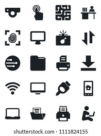 Set of vector isolated black icon - bomb in case vector, printer, touch screen, monitor, hdmi, network, folder, data exchange, download, wireless, document, manager desk, notebook pc, chip, man with