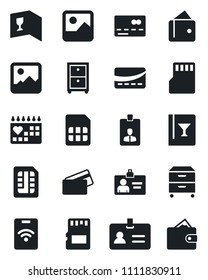Set of vector isolated black icon - credit card vector, identity, medical calendar, gallery, sd, sim, archive box, wine, pass, wallet