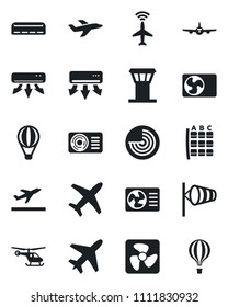 Set of vector isolated black icon - plane vector, airport tower, radar, departure, wind, helicopter, seat map, air conditioner, fan, balloon