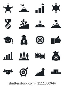Set of vector isolated black icon - handshake vector, growth statistic, pedestal, medal, graduate, money bag, finger up, bar graph, target, career ladder, police, motivation, cash