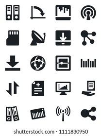 Set of vector isolated black icon - antenna vector, satellite, office binder, crisis graph, document, diagnosis, barcode, scanner, sd, network, data exchange, download, monitor statistics, wireless