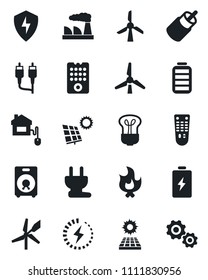 Set of vector isolated black icon - factory vector, fire, remote control, speaker, battery, rca, protect, charge, sun panel, windmill, home, power plug, bulb, gear