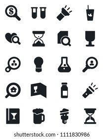 Set of vector isolated black icon - bulb vector, blood test vial, heart diagnostic, ampoule, fragile, torch, document search, estate, wine card, phyto bar, beer, energy saving, consumer, money