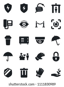 Set of vector isolated black icon - fence vector, passport control, security gate, umbrella, trash bin, safe, glove, hose, shield, protect, lock, eye id, intercome, water filter, surveillance