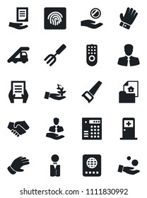 Set of vector isolated black icon - passport vector, ladder car, medical room, document, garden fork, glove, saw, client, fingerprint id, estate, waiter, remote control, combination lock, handshake