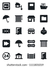 Set of vector isolated black icon - 24 around vector, automatic door, umbrella, shop, store, container, package, fast forward, scanner, folder, copybook, document, open close, home control, jalousie