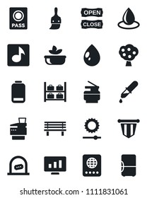 Set of vector isolated black icon - ticket office vector, passport, luggage storage, pennant, statistic monitor, water drop, bench, dropper, low battery, themes, brightness, music, copier, salad