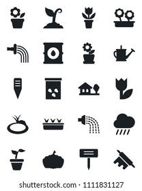 Set of vector isolated black icon - flower in pot vector, seedling, watering can, sproute, rain, plant label, pumpkin, seeds, pond, tulip, oil barrel, house with tree, rolling pin