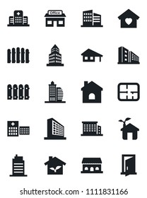 Set of vector isolated black icon - office building vector, fence, house, hospital, store, with garage, plan, sweet home, city, cafe, eco, door