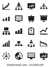Set of vector isolated black icon - hierarchy vector, presentation board, statistic monitor, circle chart, pulse, clipboard, bar graph, point, arrow up, growth, crisis