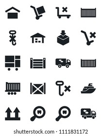 Set of vector isolated black icon - sea shipping vector, truck trailer, cargo container, consolidated, warehouse storage, up side sign, no trolley, hook, package, search, moving