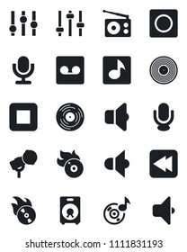 Set of vector isolated black icon - vinyl vector, flame disk, microphone, radio, speaker, settings, stop button, rewind, tuning, record, music, sound