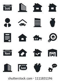 Set of vector isolated black icon - office building vector, house, real heart, contract, with garage, rent, sold signboard, estate search, agent, smart home, city, eco, message