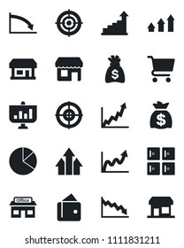 Set of vector isolated black icon - checkroom vector, growth statistic, money bag, store, pie graph, target, arrow up, wallet, crisis, cart, presentation, storefront
