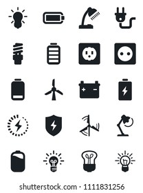 Set of vector isolated black icon - battery vector, low, protect, charge, desk lamp, windmill, socket, power plug, bulb, energy saving, idea