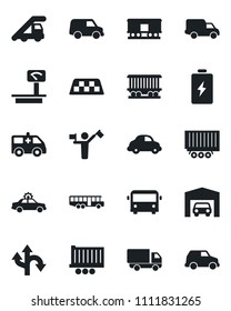 Set of vector isolated black icon - dispatcher vector, taxi, airport bus, alarm car, ladder, ambulance, route, railroad, truck trailer, delivery, heavy scales, garage, battery