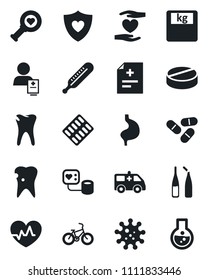 Set of vector isolated black icon - heart pulse vector, diagnosis, blood pressure, thermometer, diagnostic, scales, pills, blister, ampoule, ambulance car, bike, shield, hand, stomach, caries, virus