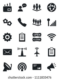 Set of vector isolated black icon - plane radar vector, satellite antenna, gear, team, speaker, mail, call, network, wireless, cellular signal, clipboard, company, open close, advertising