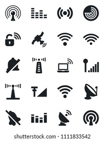 Set of vector isolated black icon - antenna vector, wireless notebook, radar, satellite, equalizer, mute, cellular signal, lock