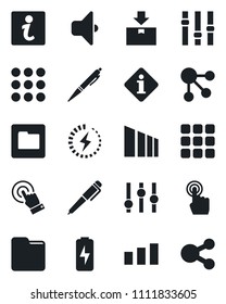 Set of vector isolated black icon - package vector, sorting, settings, touch screen, menu, folder, charge, pen, sound, information, social media