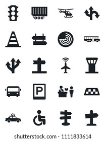 Set of vector isolated black icon - airport tower vector, plane radar, taxi, bus, parking, passport control, signpost, alarm car, border cone, helicopter, disabled, route, traffic light, guidepost