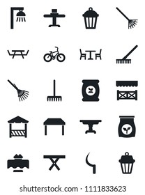 Set of vector isolated black icon - cafe vector, rake, sickle, garden light, picnic table, fertilizer, bike, restaurant, alcove, outdoor lamp