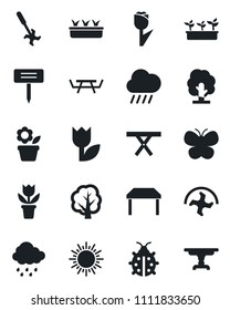 Set of vector isolated black icon - sun vector, flower in pot, ripper, tree, butterfly, lady bug, seedling, rain, plant label, picnic table, tulip