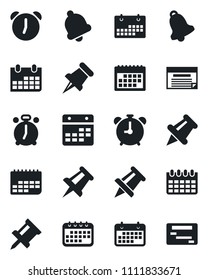 Set of vector isolated black icon - alarm clock vector, drawing pin, calendar, term, paper, bell, schedule