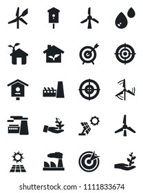 Set of vector isolated black icon - factory vector, bird house, target, windmill, eco, water, sun panel, palm sproute