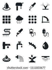 Set of vector isolated black icon - crisis graph vector, watering, water drop, rain, drip irrigation, dropper, menu, supply, sprinkler