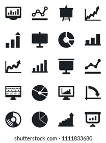 Set of vector isolated black icon - growth statistic vector, presentation board, crisis graph, circle chart, monitor pulse, statistics, bar, pie, point