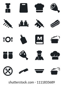 Set of vector isolated black icon - cook vector, cafe, hat, menu, bacon, salt and pepper, ham, bowl, rolling pin, cutting board, knife, steaming pan