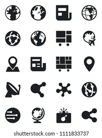 Set of vector isolated black icon - satellite antenna vector, bomb in case, globe, plane, earth, pin, consolidated cargo, network, share, news, social media