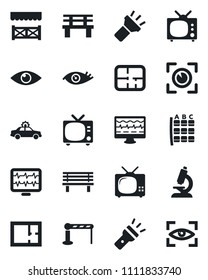 Set of vector isolated black icon - barrier vector, tv, alarm car, seat map, bench, monitor pulse, microscope, eye, torch, plan, alcove, scan