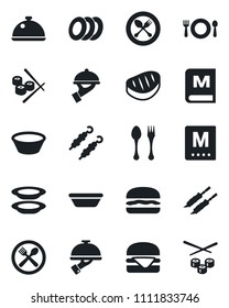 Set of vector isolated black icon - spoon and fork vector, dish, cafe, menu, plates, waiter, steak, kebab, hamburger, bowl, sushi