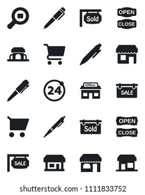 Set of vector isolated black icon - 24 around vector, shop, pen, store, search cargo, sale, sold signboard, cafe building, open close, cart, storefront