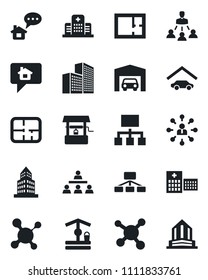 Set of vector isolated black icon - hierarchy vector, well, molecule, hospital, office building, garage, plan, home message