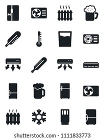 Set of vector isolated black icon - thermometer vector, heater, air conditioner, fridge, drink, beer, snowflake