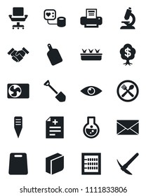 Set of vector isolated black icon - mail vector, job, seedling, plant label, diagnosis, blood pressure, microscope, eye, abacus, office chair, blank box, printer, handshake, air conditioner, cafe