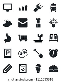 Set of vector isolated black icon - parking vector, train, job, document reload, pencil, pond, blood test vial, stomach, cargo, heavy scales, monitor, alarm, mail, torch, cook, omelette, idea, case