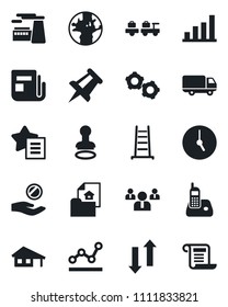 Set of vector isolated black icon - stamp vector, baggage larry, gear, team, drawing pin, factory, ladder, earth, car delivery, news, radio phone, favorites list, clock, data exchange, bar graph