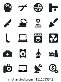 Set of vector isolated black icon - radar vector, trowel, pruner, hose, garden knife, drip irrigation, doctor case, tomography, satellite antenna, camera, speaker, themes, notebook pc, sun panel