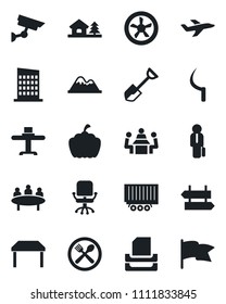 Set of vector isolated black icon - signpost vector, office chair, meeting, shovel, sickle, pumpkin, plane, truck trailer, paper tray, manager, house with tree, mountains, table, city, restaurant