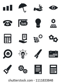 Set of vector isolated black icon - umbrella vector, gear, document, bulb, saw, eye, sorting, calendar, calculator, contract, sun panel, sold signboard, estate search, phone, palm sproute, idea