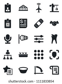 Set of vector isolated black icon - plane radar vector, wind, handshake, identity card, hierarchy, crisis graph, seedling, greenhouse, patch, caries, receipt, microphone, favorites list, menu, crane