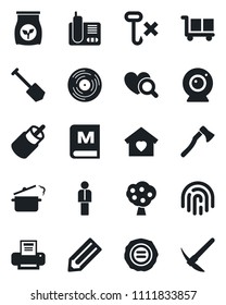 Set of vector isolated black icon - manager vector, job, pencil, stamp, axe, fertilizer, heart diagnostic, cargo, no hook, vinyl, radio phone, rca, fingerprint id, printer, fruit tree, sweet home