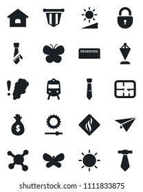 Set of vector isolated black icon - train vector, lock, pennant, butterfly, sun, molecule, brightness, tie, house, plan, reserved, smoke detector, money bag, paper plane