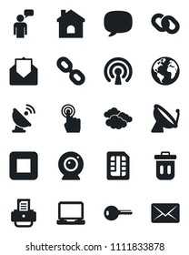 Set of vector isolated black icon - satellite antenna vector, clouds, speaking man, printer, house, earth, touch screen, laptop pc, chain, mail, stop button, message, sim, key, wireless, web camera