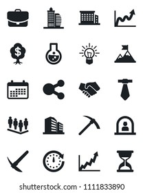 Set of vector isolated black icon - reception vector, team, office building, motivation, handshake, clock, growth graph, idea, calendar, flask, case, social media, tie, money tree, hard work, sand