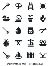 Set of vector isolated black icon - farm fork vector, ripper, fence, rake, ladder, seedling, pruner, lady bug, fire, water drop, sun, well, hose, picnic table, fertilizer, flower in pot, salad